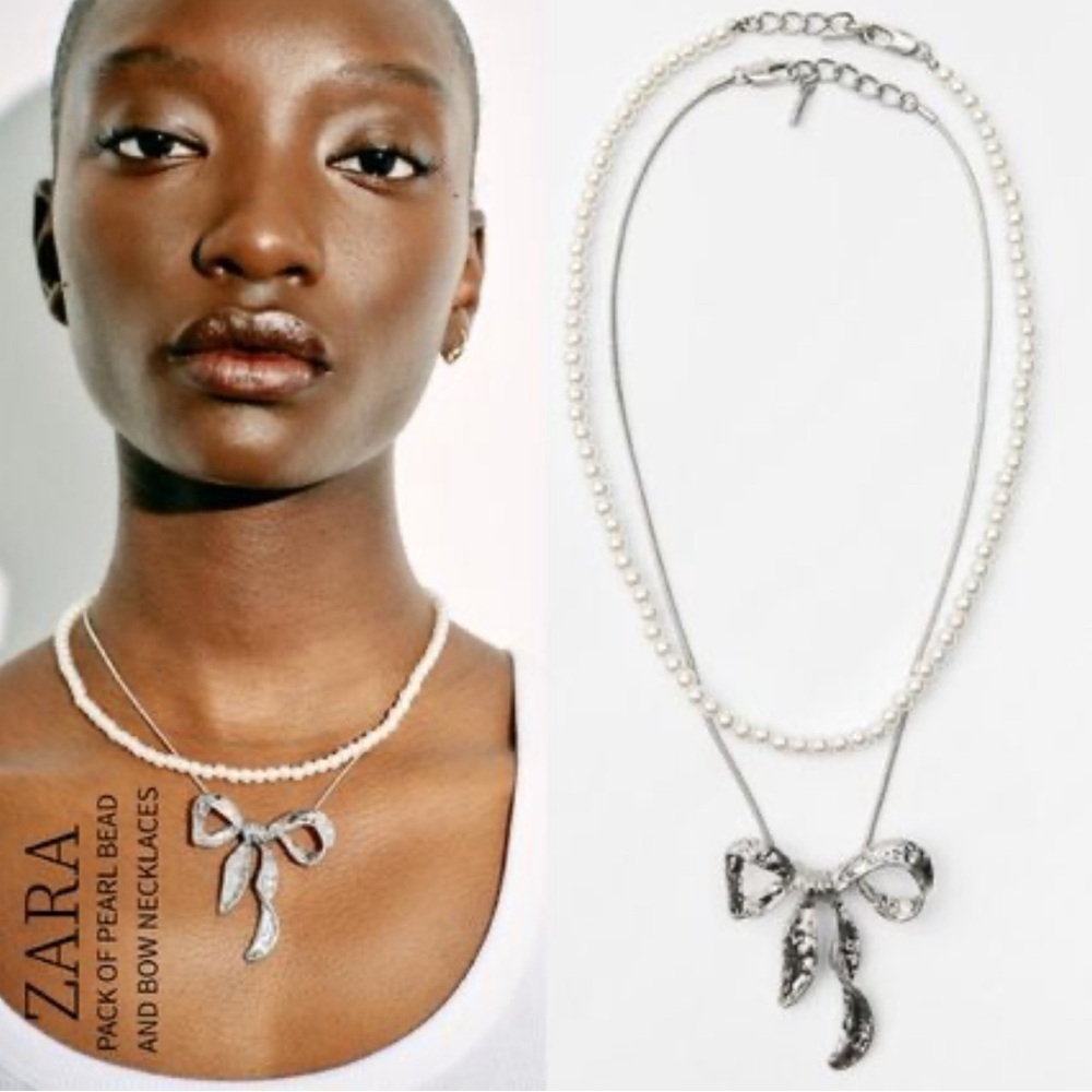 Pearl Bow Silver Layered Necklace